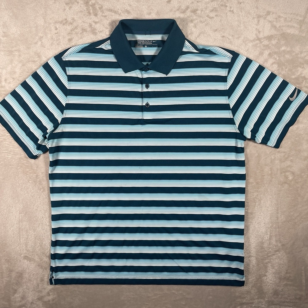 Nike Golf Dri-Fit Tour Performance Polo Mens L Blue Striped Wicking - Picture 2 of 8